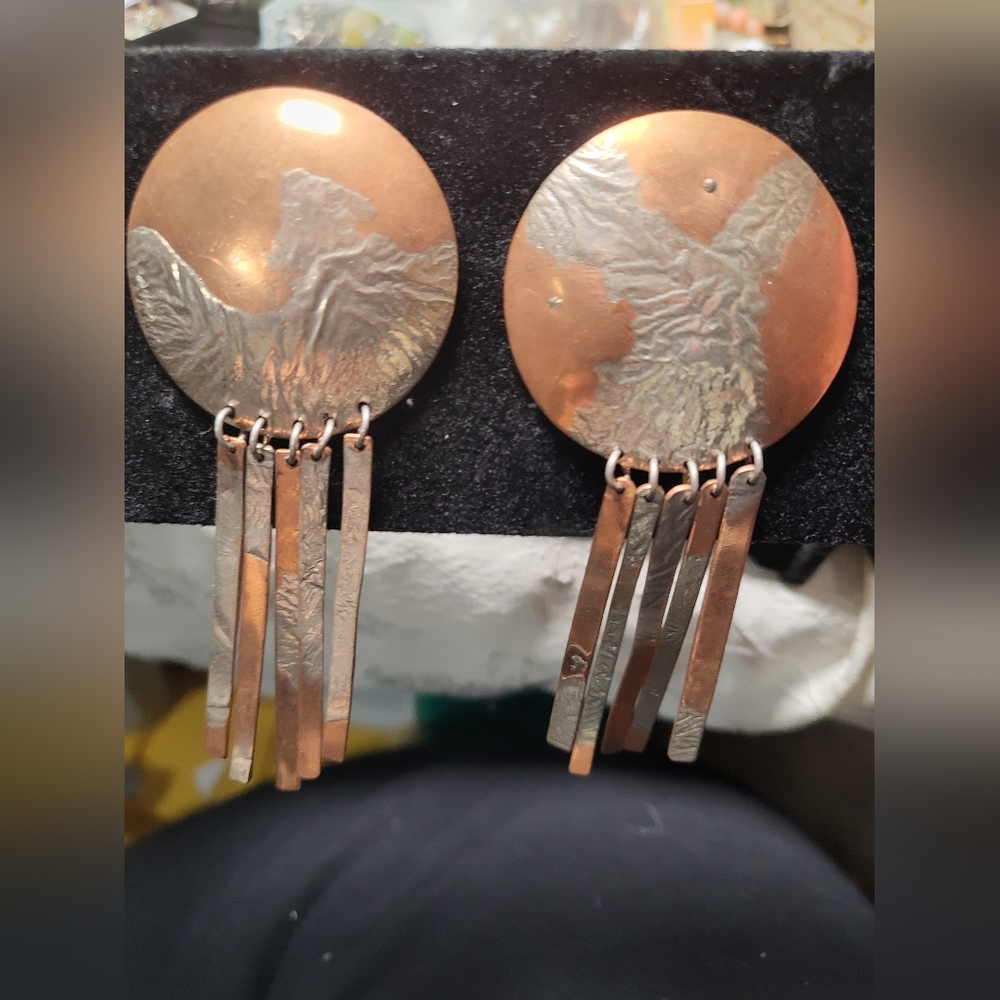 Signed Artisan Vintage Copper Eagle Dangle Earrings Southwestern Boho